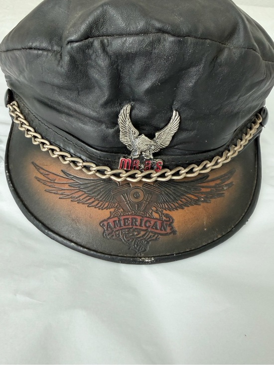 Vintage 90s Leather Biker Captain Hat USA Eagle Chain Moto Rocker Y2K Americana main image 6
